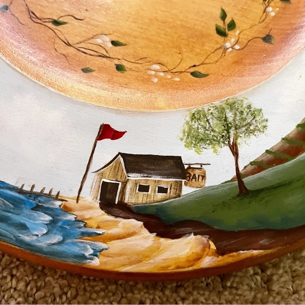 Hand Painted Wooden Plate Folk Art Coastal Village Nautical Americana Harbor